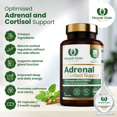 A bottle of adrenal health and cortisol support capsules, containing 60 capsules for stress management.