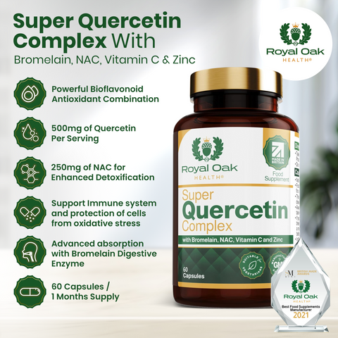 A bottle of antioxidant and immune support capsules, containing Quercetin, Bromelain, NAC, Vitamin C, and Zinc, with 60 capsules.