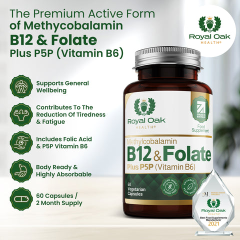 A bottle of Vitamin B12 and Folate capsules, supporting energy production and red blood cell formation, with 60 capsules.