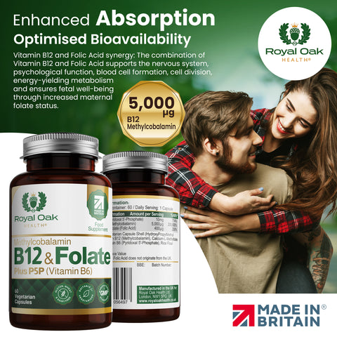 A bottle of Vitamin B12 and Folate capsules, supporting energy production and red blood cell formation, with 60 capsules.