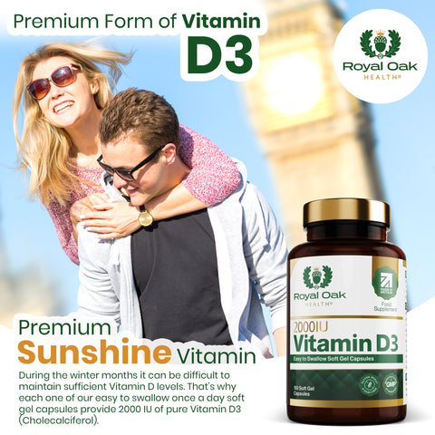 A bottle of Vitamin D3 2000IU softgel capsules, supporting bone and immune health, with 180 capsules.