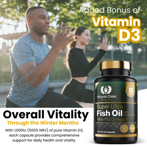 A bottle of high-strength fish oil capsules with 95% Omega-3 and added Vitamin D3, containing 60 softgels
