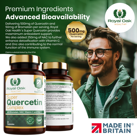 A bottle of antioxidant and immune support capsules, containing Quercetin, Bromelain, NAC, Vitamin C, and Zinc, with 60 capsules.