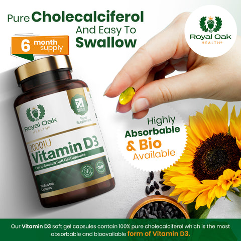 A bottle of Vitamin D3 2000IU softgel capsules, supporting bone and immune health, with 180 capsules.