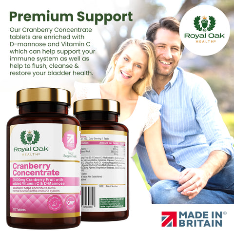 A bottle of cranberry extract capsules, supporting urinary tract health, with 60 capsules.