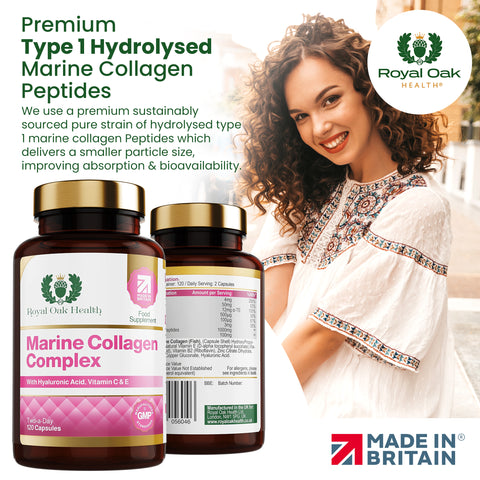 A bottle of marine collagen complex capsules, supporting skin, hair, and nail health, with 60 capsules.