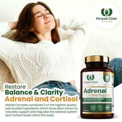 A bottle of adrenal health and cortisol support capsules, containing 60 capsules for stress management.