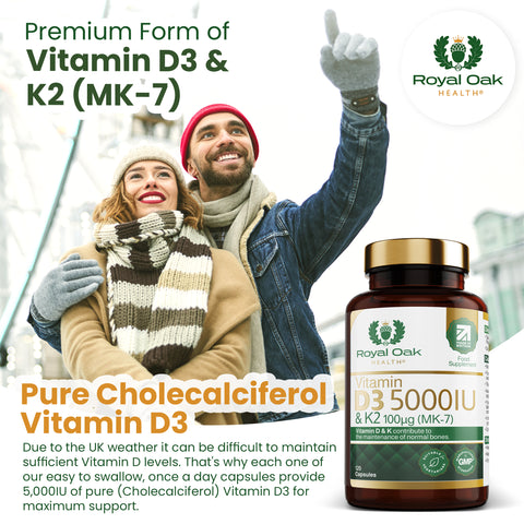 A bottle of high-strength Vitamin D3 5000IU with Vitamin K2 MK7, supporting bone and cardiovascular health, with 120 capsules.