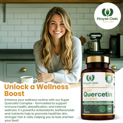 A bottle of antioxidant and immune support capsules, containing Quercetin, Bromelain, NAC, Vitamin C, and Zinc, with 60 capsules.