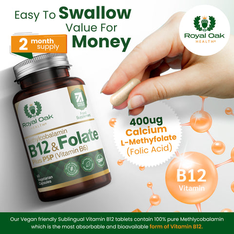 A bottle of Vitamin B12 and Folate capsules, supporting energy production and red blood cell formation, with 60 capsules.