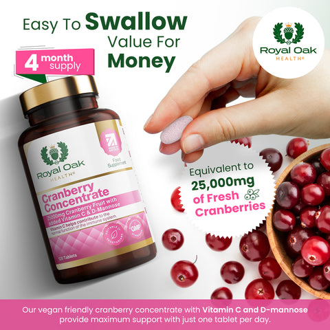 A bottle of cranberry extract capsules, supporting urinary tract health, with 60 capsules.