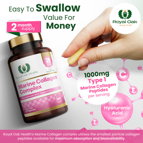 A bottle of marine collagen complex capsules, supporting skin, hair, and nail health, with 60 capsules.