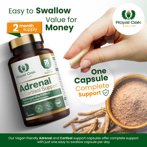 A bottle of adrenal health and cortisol support capsules, containing 60 capsules for stress management.