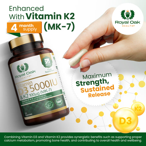 A bottle of high-strength Vitamin D3 5000IU with Vitamin K2 MK7, supporting bone and cardiovascular health, with 120 capsules.