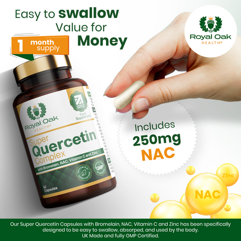 A bottle of antioxidant and immune support capsules, containing Quercetin, Bromelain, NAC, Vitamin C, and Zinc, with 60 capsules.