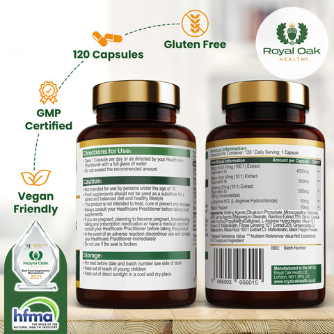 A bottle of Maca root extract capsules with Ginseng and Black Pepper for enhanced energy and stamina, with 60 capsules.