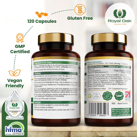 A bottle of high-strength Vitamin D3 5000IU with Vitamin K2 MK7, supporting bone and cardiovascular health, with 120 capsules.