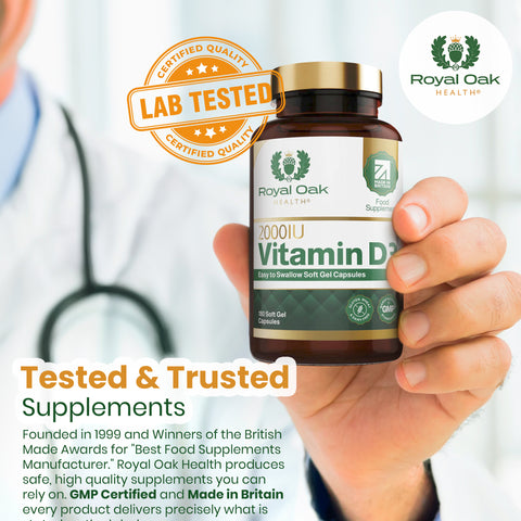 A bottle of Vitamin D3 2000IU softgel capsules, supporting bone and immune health, with 180 capsules.