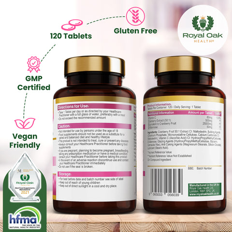 A bottle of cranberry extract capsules, supporting urinary tract health, with 60 capsules.