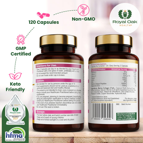 A bottle of marine collagen complex capsules, supporting skin, hair, and nail health, with 60 capsules.
