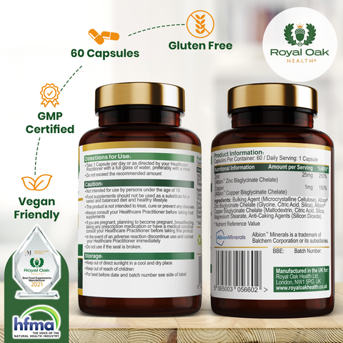 A bottle of zinc bisglycinate with copper capsules, designed for immune support and mineral balance, with 60 capsules.