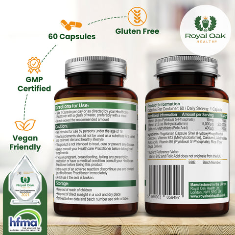 A bottle of Vitamin B12 and Folate capsules, supporting energy production and red blood cell formation, with 60 capsules.