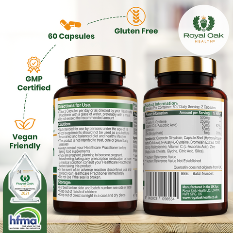 A bottle of antioxidant and immune support capsules, containing Quercetin, Bromelain, NAC, Vitamin C, and Zinc, with 60 capsules.