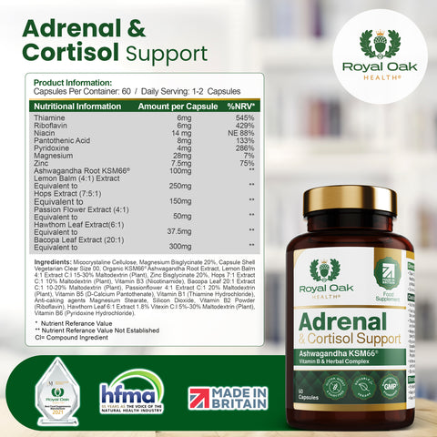 A bottle of adrenal health and cortisol support capsules, containing 60 capsules for stress management.