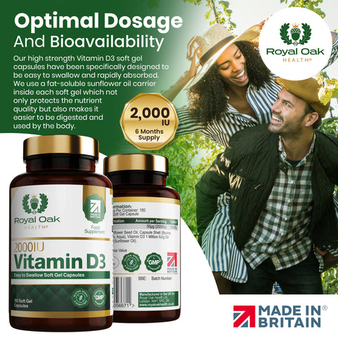 A bottle of Vitamin D3 2000IU softgel capsules, supporting bone and immune health, with 180 capsules.