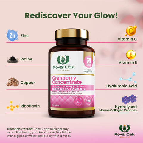 A bottle of cranberry extract capsules, supporting urinary tract health, with 60 capsules.