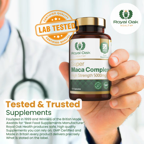 A bottle of Maca root extract capsules with Ginseng and Black Pepper for enhanced energy and stamina, with 60 capsules.