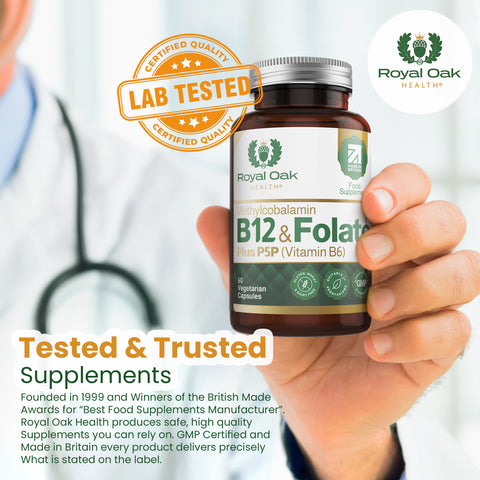 A bottle of Vitamin B12 and Folate capsules, supporting energy production and red blood cell formation, with 60 capsules.