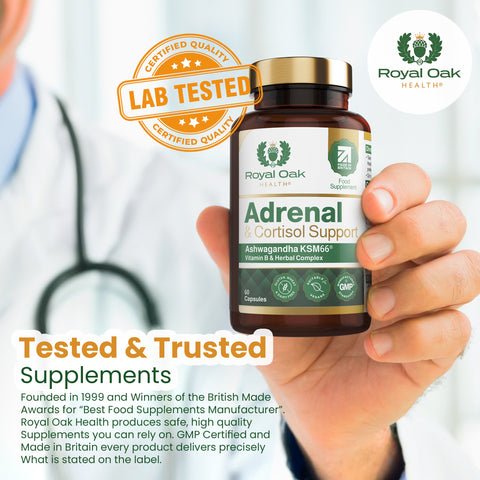 A bottle of adrenal health and cortisol support capsules, containing 60 capsules for stress management.