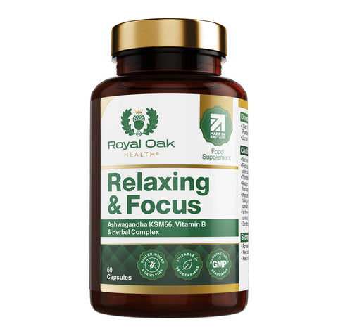 A bottle of calming support capsules, formulated to reduce anxiety and promote focus, with 60 capsules.