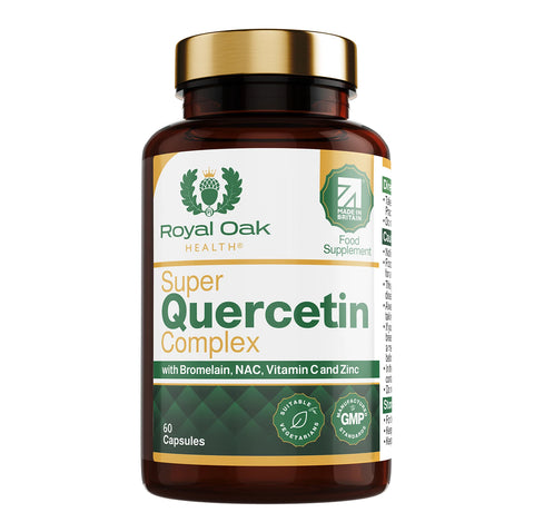 A bottle of antioxidant and immune support capsules, containing Quercetin, Bromelain, NAC, Vitamin C, and Zinc, with 60 capsules.