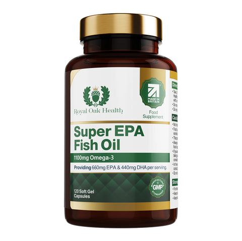 A bottle of high-strength Super EPA fish oil capsules, containing 1000mg per softgel for heart and brain health, with 60 capsules.
