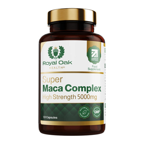 A bottle of Maca root extract capsules with Ginseng and Black Pepper for enhanced energy and stamina, with 60 capsules.