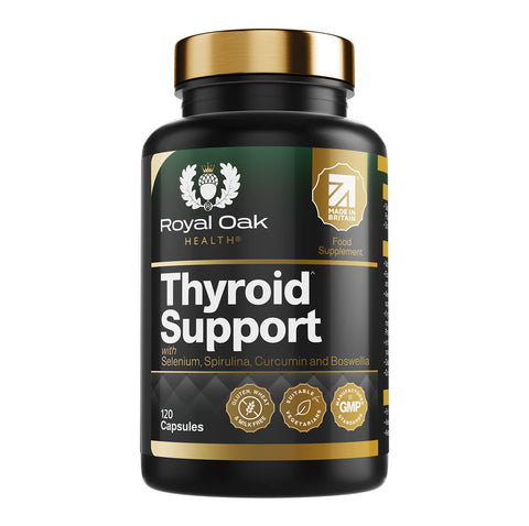 A bottle of thyroid support capsules, formulated with essential nutrients including Selenium, Spirulina, Curcumin, and Boswellia, containing 120 capsules.