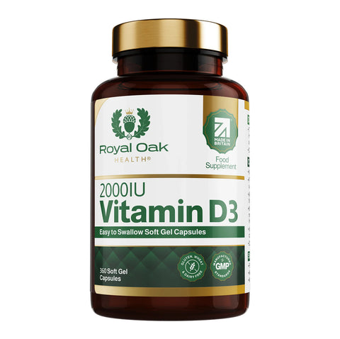 A bottle of 60 small-sized Vitamin D3 2000IU softgel capsules for easy swallowing.