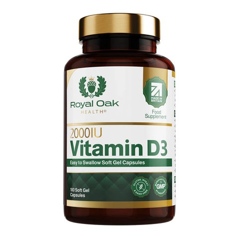 A bottle of Vitamin D3 2000IU softgel capsules, supporting bone and immune health, with 180 capsules.