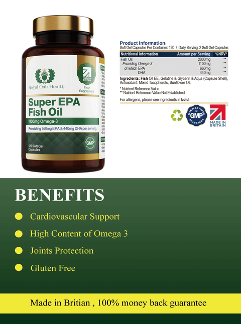 A bottle of high-strength Super EPA fish oil capsules, containing 1000mg per softgel for heart and brain health, with 60 capsules.