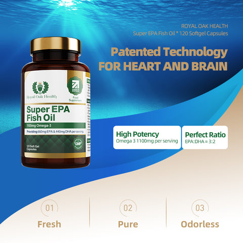 A bottle of high-strength Super EPA fish oil capsules, containing 1000mg per softgel for heart and brain health, with 60 capsules.