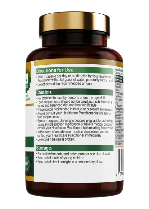 A bottle of calming support capsules, formulated to reduce anxiety and promote focus, with 60 capsules.