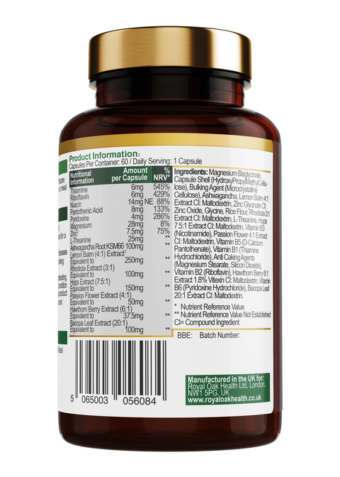 A bottle of calming support capsules, formulated to reduce anxiety and promote focus, with 60 capsules.