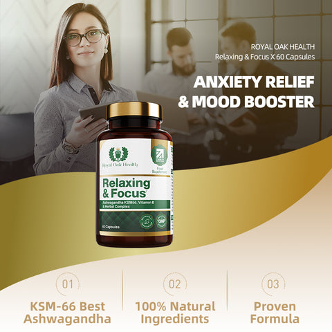 A bottle of calming support capsules, formulated to reduce anxiety and promote focus, with 60 capsules.