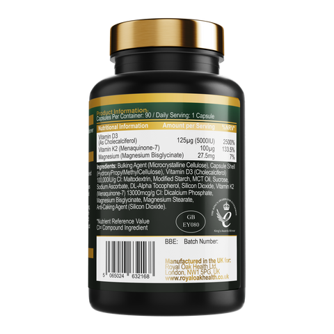 D3+K2 & Mg (Vitamin D3 125mcg / 5000IU, Vitamin K2, Magnesium Bisglycinate)
